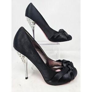 Paris Hilton Black Satin Embellished Stiletto Heels Bow Detail Women's Size 5.5M